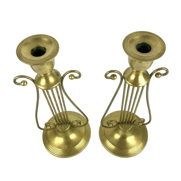 Vintage Brass Lyre Harp Candleholders Elegant Scrollwork Design Made In India - Picture 2 of 10